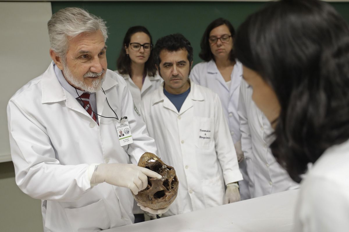 Forensic doctor Daniel Munoz shows the skull of Nazi war criminal Josef Mengele Dec. 7, 2016, at the school of medicine of Sao Paulo University in Sao Paulo. (Andre Penner / Associated Press)