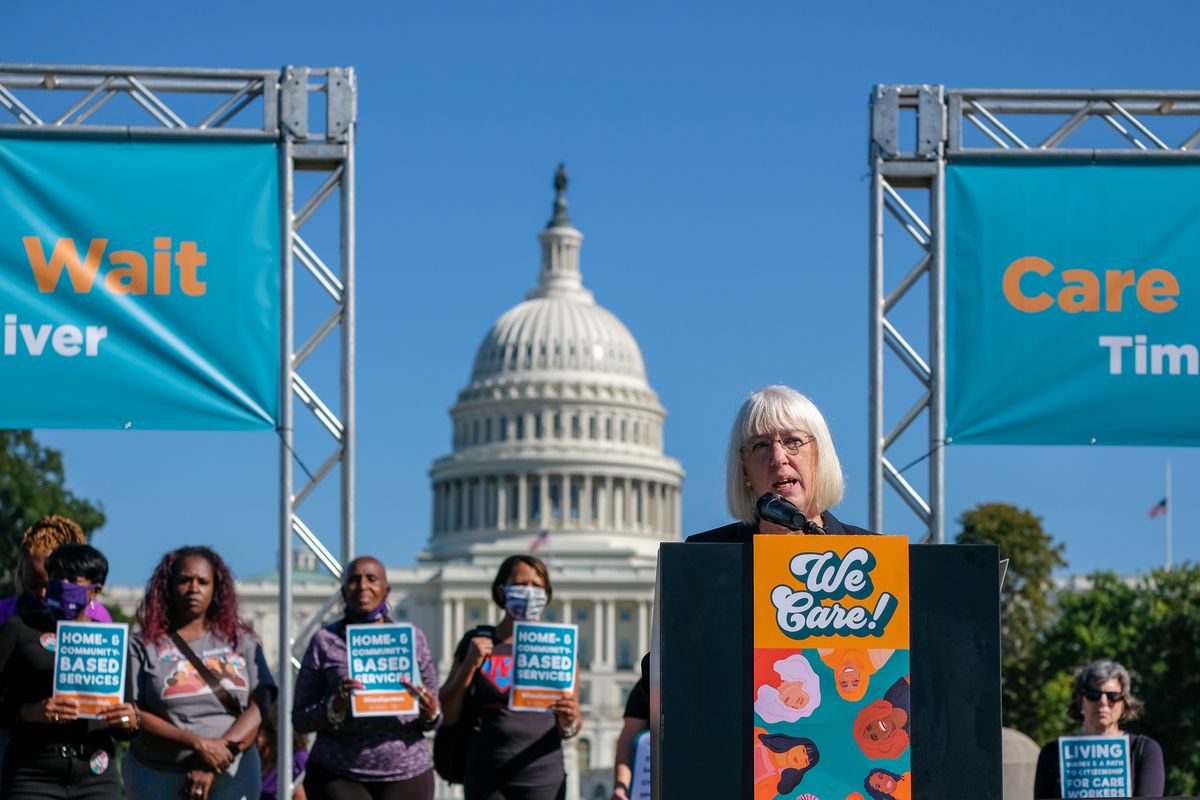 Sen. Patty Murray, D-Wash., speaks at an event Tuesday outside the Capitol in support of provisions in the Democratic social spending plan that would reduce costs for parents and caregivers and bolster the “care economy.”  (Orion Donovan Smith / The Spokesman-Review)