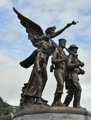 OLYMPIA -- World War I memorial on the Capitol Campus features Winged Victory looking over a U.S. soldier, marine, sailor and nurse. (Jim Camden/The Spokesman-Review)