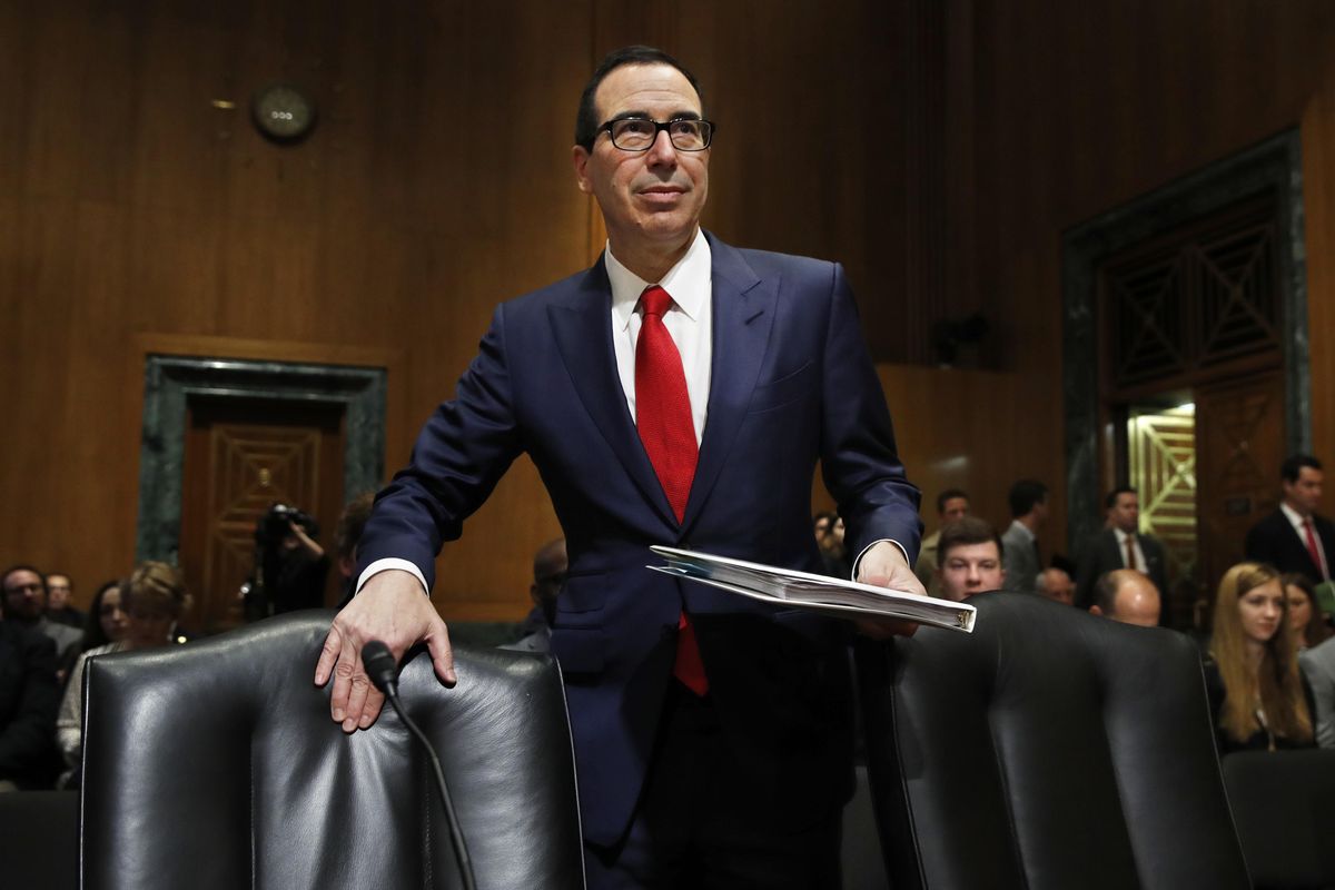 Treasury Secretary Steven Mnuchin arrives on Capitol Hill in Washington, Thursday, May 25, 2017, to testify before a Senate Finance Committee hearing on the Treasury Department’s fiscal year 2018 budget proposals. (Jacquelyn Martin / Associated Press)