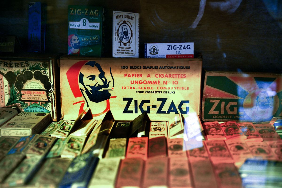 A small portion of Len Pupo’s cigarette rolling papers collection is on display at his home in Spokane on Feb. 1.  (Kathy Plonka/The Spokesman-Review)