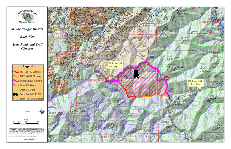 Map shows Buck Creek Fire closure on Aug. 25, 2017, after being reduced from a closure set two weeks prior because of fire activity in the St. Joe Ranger District. (U.S. Forest Service)