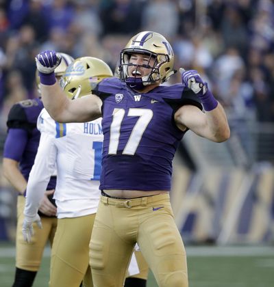 Washington’s Tevis Bartlett reacts to an extra point against UCLA  on Oct. 28, 2017, in Seattle. (Elaine Thompson / AP)