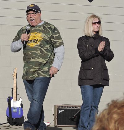 Mike Caputo and Linda Longstreth, representatives for the House of Delegates for District 50, speak of the school employees' effect on Charleston at the teachers rally in Palatine Park in Fairmont, W.Va., Sunday, March 4, 2018. (Eddie Trizzino / Associated Press)