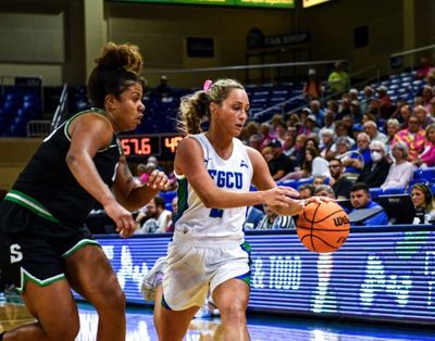 Florida Gulf Coast guard Sophia Stiles dribbles against Stetson earlier in the season.  (Courtesy/FGCU Athletics)