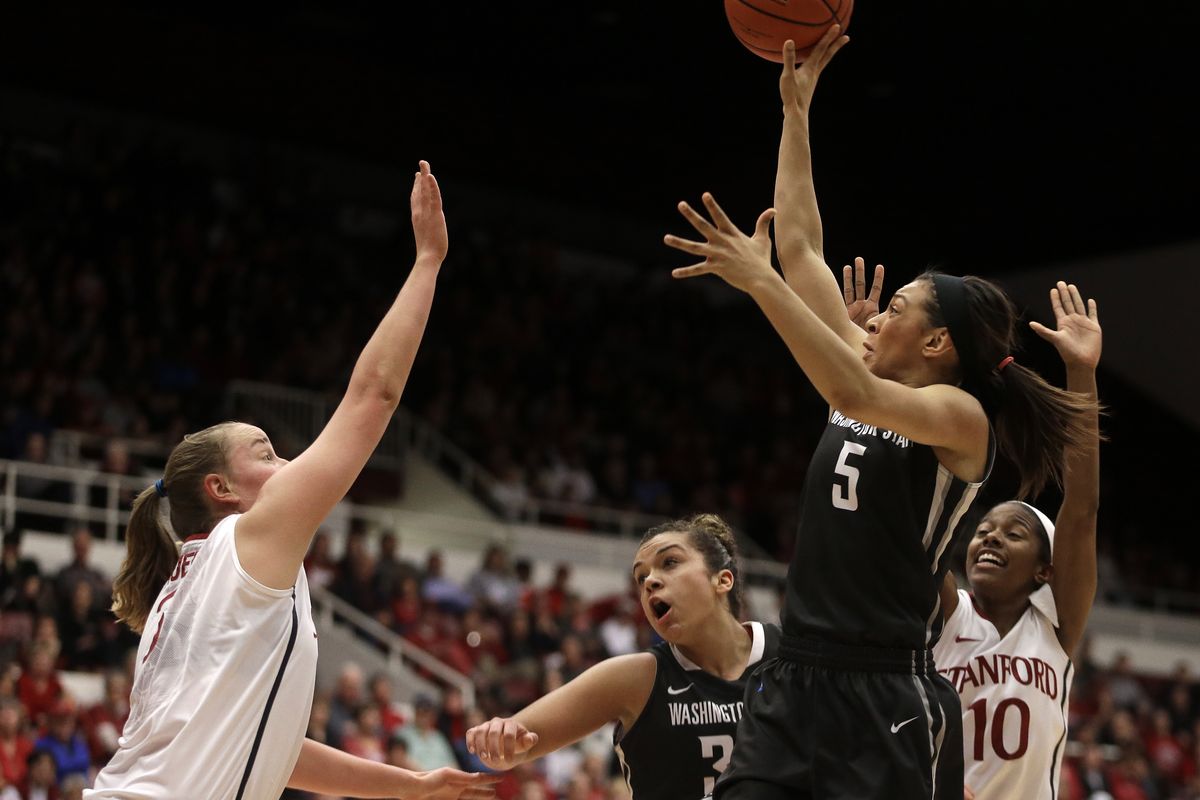 Tia Presley, who led WSU in scoring at 18.9 per game, shoots over Stanford