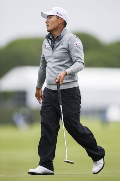 Sung Kang reacts after sinking a putt on the 18th green during the second round of the Byron Nelson golf tournament at Trinity Forest on Friday, May 10, 2019, in Dallas. (Ashley Landis / Dallas Morning News via AP)