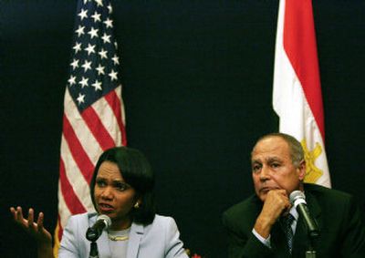 
U.S. Secretary of State Condoleezza Rice talks during a news conference with Egyptian Foreign Minister Ahmed Aboul Gheit.  
 (Associated Press / The Spokesman-Review)