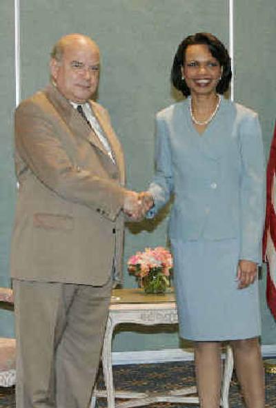
OAS secretary-general Jose Miguel Insulza greets U.S. Secretary of State Condoleezza Rice as she arrives for the Inaugural Session of the OAS General Assembly in Fort Lauderdale, Fla. on Sunday.
 (The Spokesman-Review)