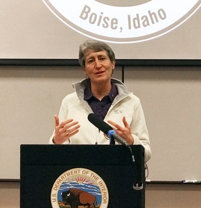 U.S. Interior Secretary Sally Jewell speaks at the National Interagency Fire Center in Boise, Idaho, after getting her last wildfire update from managers who oversee the nation's firefighting resources Tuesday, Jan. 3, 2017. Jewell says her 2015 secretarial order for a new wildfire-fighting plan to protect a wide swath of sagebrush country in the West that supports cattle ranching and is home to imperiled sage grouse will likely continue after the Obama administration ends. (AP Photo/Keith Ridler) 