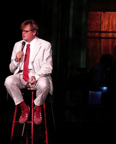 Storyteller Garrison Keillor delivers the latest from Lake Woebegone during his live performance of A Prairie Home Companion radio show June 12, 2010, at the Spokane Arena's Star Theatre.  (Shelley Sharp / Spokane Public Radio)