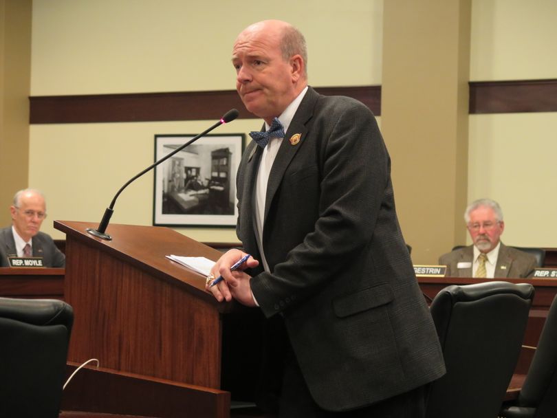 House Majority Leader Mike Moyle responds to a question from Rep. John Gannon, D-Boise, while introducing legislation to increase a proposed child tax credit on Friday, March 9, 2018 at the Idaho state Capitol. (The Spokesman-Review / Betsy Z. Russell)