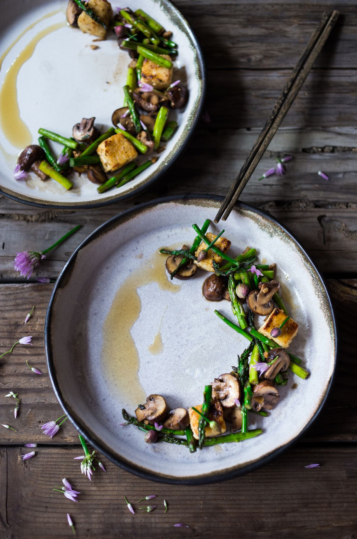 A small drizzle of toasted sesame oil is a perfect finish to Wok-Seared Asparagus with Mushrooms and Crispy Tofu.