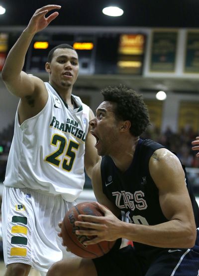 Gonzaga forward Elias Harris, right, recorded his second double-double against USF this season. (Associated Press)