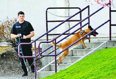 
 A bomb-sniffing dog  checks the outside of Betty Kiefer Elementary School in Rathdrum on Wednesday. 
 (Jesse Tinsley / The Spokesman-Review)