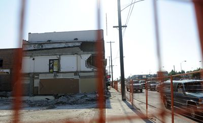 The buildings on the southwest corner of Sprague and Pines are being demolished. (Jesse Tinsley / The Spokesman-Review)
