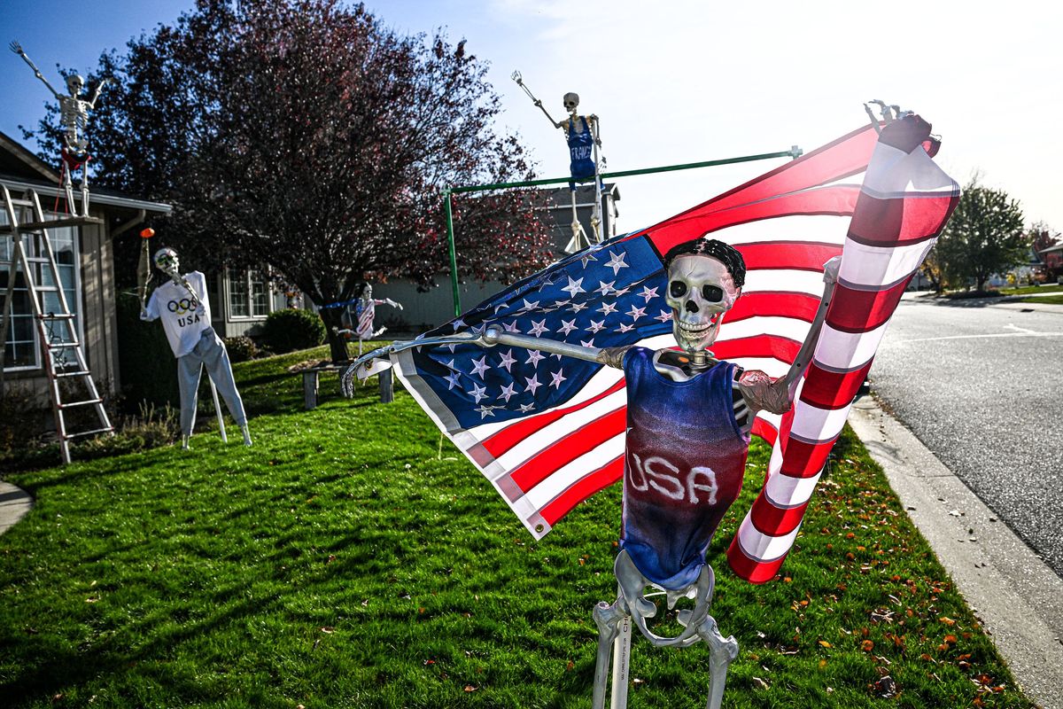 Janet Neer, of 2020 N. Grady Ln, Spokane Valley decorates every year for Halloween using a gang of skeletons. This years theme, Olympic Athletes is on display Wednesday. Last year’s theme was frat party.  (Kathy Plonka/The Spokesman-Revie)