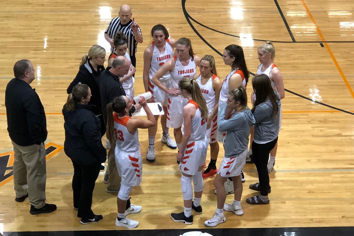 Post Falls girls coach Marc Allert instructs his team as they host Coeur d’Alene in a Idaho 5A District 1-2 tournament game on Friday, Feb. 2, 2018. (Dave Nichols / The Spokesman-Review)