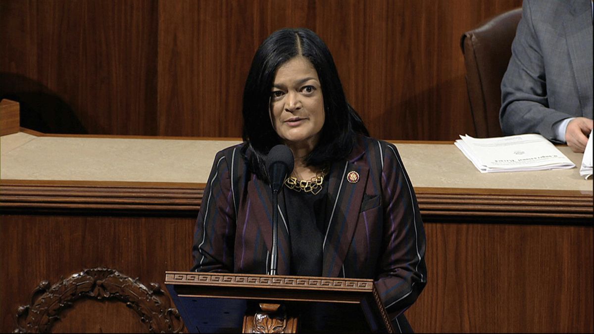 Rep. Pramila Jayapal, D-Wash., speaks as the House of Representatives debates the articles of impeachment against President Donald Trump at the Capitol in Washington, on Wednesday, Dec. 18, 2019. (AP)