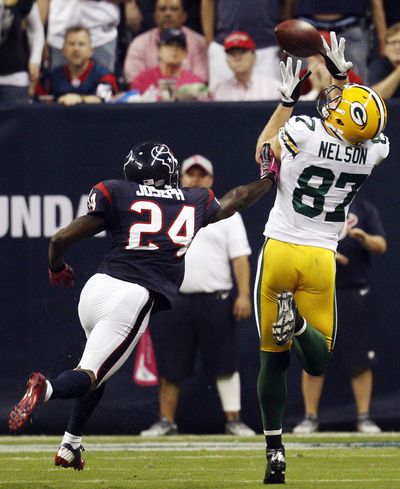 Green Bay’s Jordy Nelson caught three touchdown passes in win over Houston. (Associated Press)