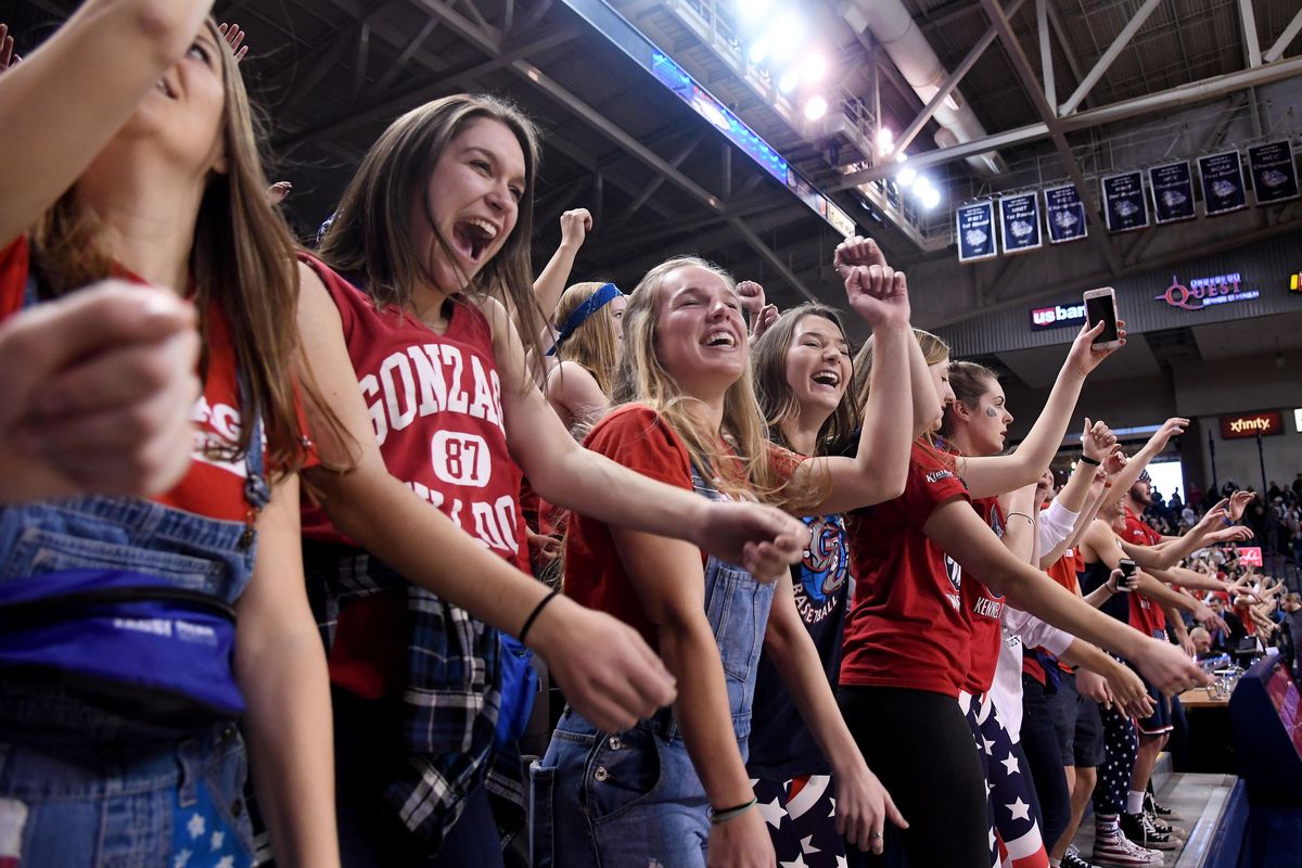 Gonzaga students dance to warmup music before the game with Pacific , Sat., Feb. 18, 2017, in the McCarthey Athletic Center. (Colin Mulvany / The Spokesman-Review)