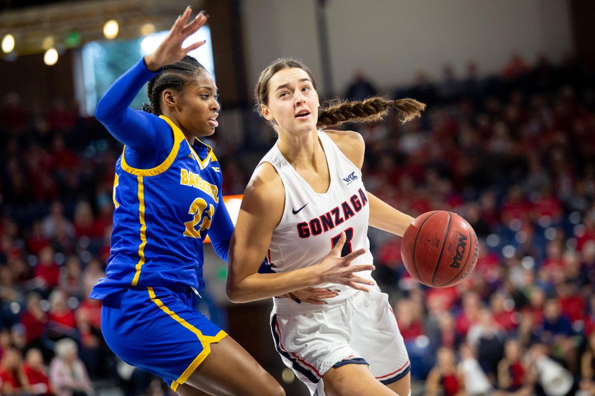 Forward Jenn Wirth (3) of Gonzaga University drives to the basketagainst Miracle Saxon (23) of CSU Bakersfield on Nov. 10, 2019 at the McCarthey Athletic Center in Spokane, Wash. The Zags won 92-48. (Libby Kamrowski / The Spokesman-Review)