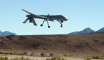 This photograph provided by the U.S. Air Force shows an MQ-1 Predator make its final approach to Indian Springs Auxiliary Field in Nevada on April 26, 2005.  (Associated Press / The Spokesman-Review)