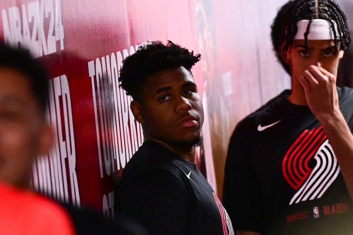 Malachi Smith, center, played for Portland’s NBA Summer League entry in 2023 in Las Vegas. He’s now playing with the G League’s Memphis Hustle.  (Tyler Tjomsland/The Spokesman-Review)