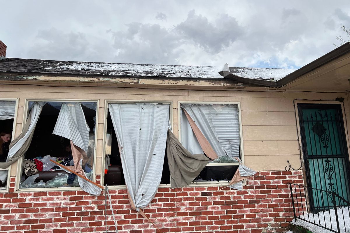 The windows of Shauntell Funke’s home in Cottonwood, Idaho, were broken during the hailstorm Thursday.  (Courtesy of Shauntell Funke)