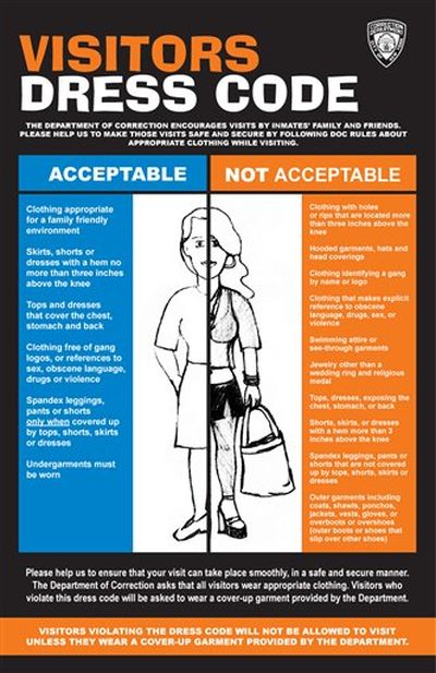 This image provided by the Department of Correction shows a poster explaining proper New York City jail attire. The jail dress code prohibits swimwear, short skirts and gang symbols, among other items. The policy requires visitors to wear clothing appropriate for a family gathering, including underwear. Officials are asking scantily clad visitors to cover up with bright green T-shirts. ((AP Photo/Dept. of Correction))
