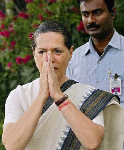 
President of the Congress party Sonia Gandhi greets the media in New Delhi, India, Thursday.President of the Congress party Sonia Gandhi greets the media in New Delhi, India, Thursday.
 (Associated PressAssociated Press / The Spokesman-Review)