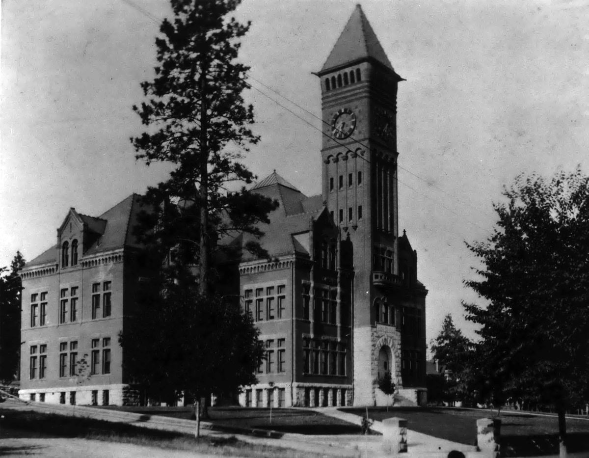 c. 1900: South Central High School, 521 W. Forth Ave., opened May 25, 1891. Additions were built in 1904, 1905 and 1907. In 1908 the Administration Building was added and also contained the gym. The school, except for the gym, was destroyed by fire June 21, 1910. Lewis and Clark High School was immediately constructed on the site and opened in April 1912.  (Cowles Publishing)