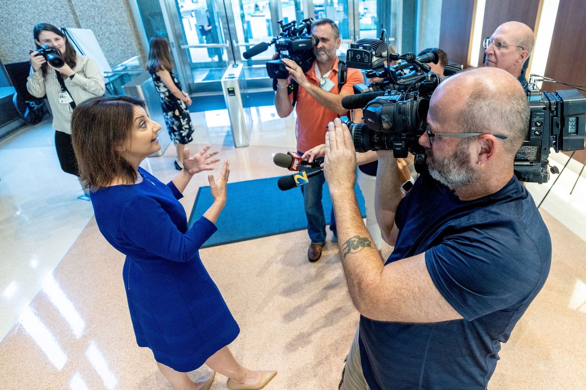 The new CDC Director, Dr. Mandy Cohen, talks with the press at the CDC headquarters in Atlanta Tuesday, July 11.    (Tribune News Service)