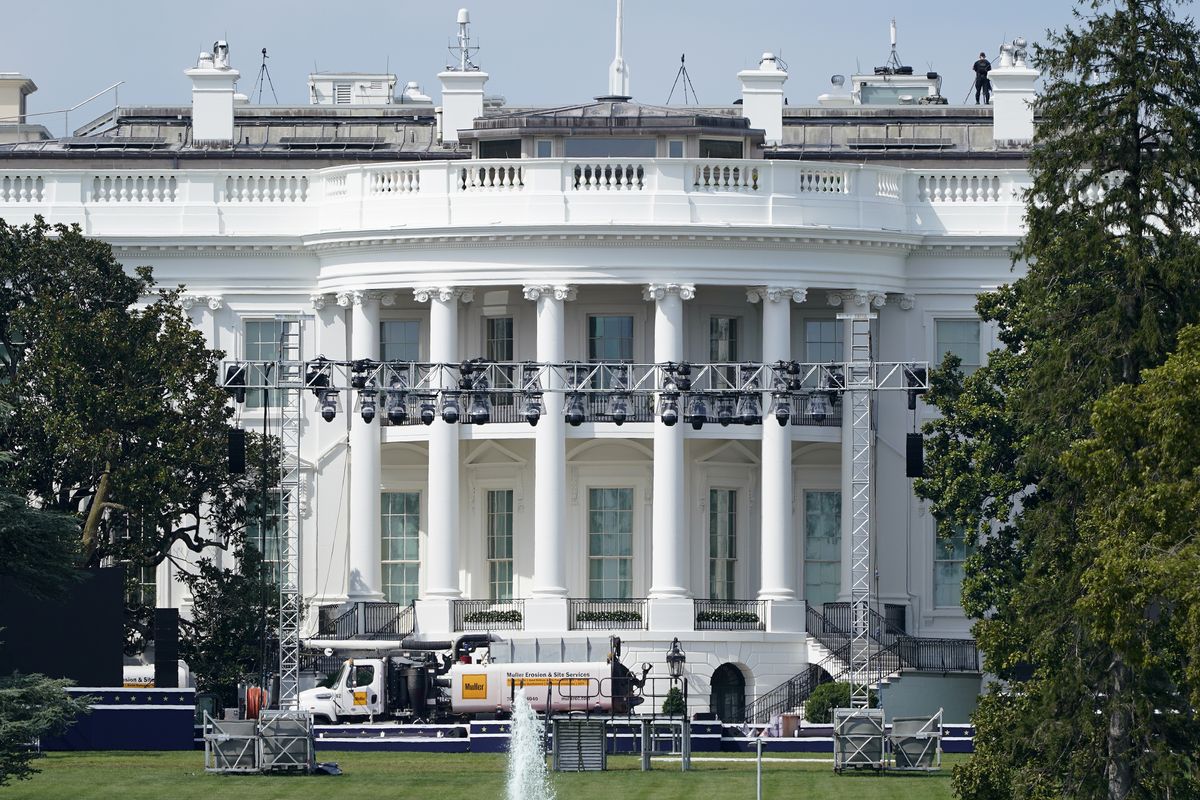 FILE - In this Aug. 21, 2020, file photo lights and staging stand on the South Lawn of the White House, Friday, Aug. 21, 2020, in Washington. President Donald Trump is expected to speak to the Republican National Committee convention next week from the South Lawn of the White House.  (Patrick Semansky)