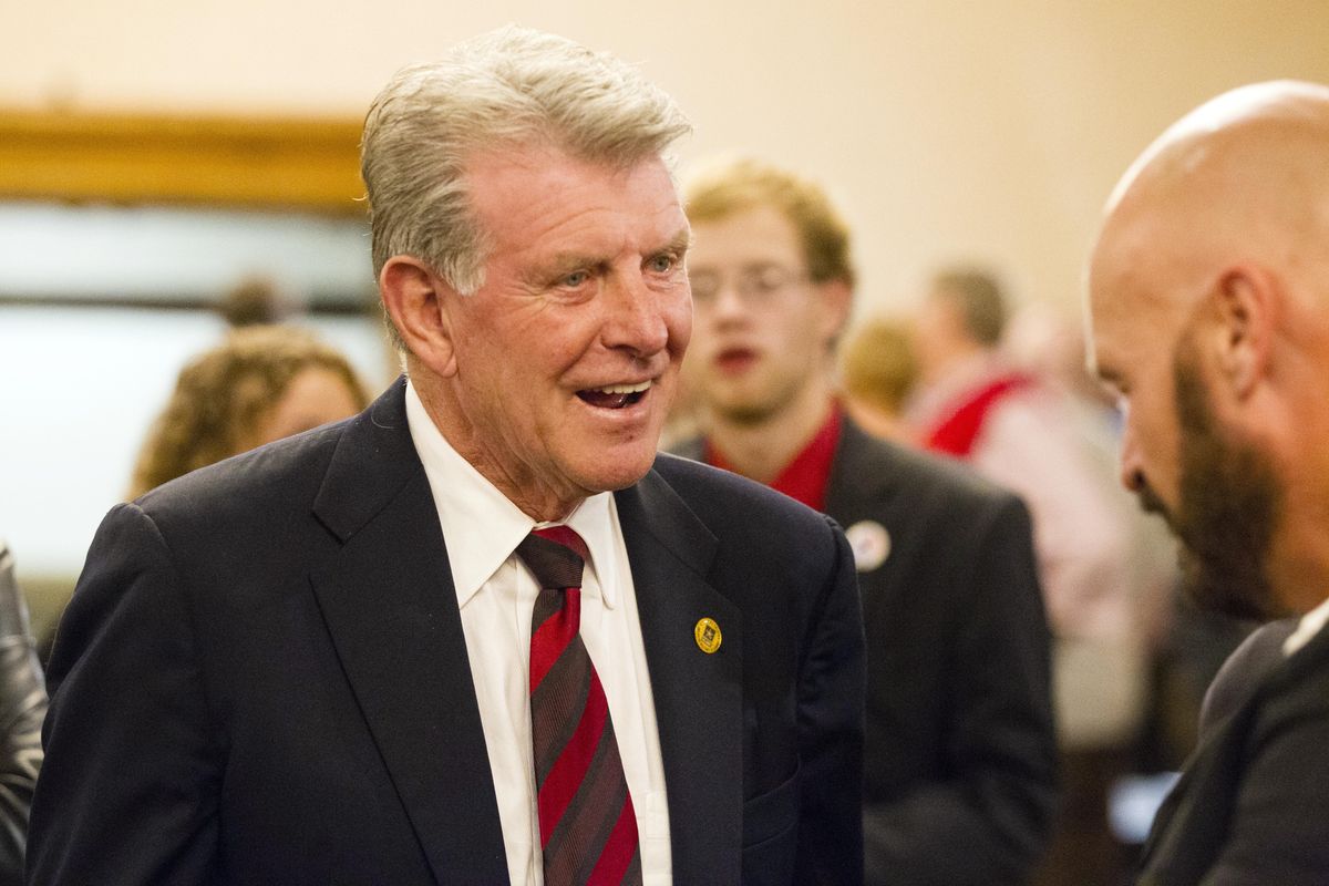 Idaho Gov. Butch Otter talks with supporters at the Idaho GOP Election Night Party at the Riverside Hotel in Boise, Idaho, on Tuesday, Nov. 8, 2016. Otter is continuing to recover at home following two surgeries. (Otto Kitsinger / Associated Press)