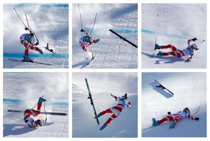 This six photo combination shows Switzerland's Dominique Gisin crashing as she approaches the finish in the women's downhill at the Vancouver 2010 Olympics in Whistler, British Columbia, Wednesday, Feb. 17, 2010. (Charlie Riedel / Associated Press)