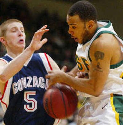 
San Francisco's Andre Hazel loses control of the ball as Gonzaga's Derek Raivio guards in the first half. 
 (Associated Press / The Spokesman-Review)