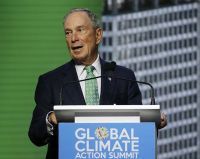 In this Sept. 13, 2018 photo, Michael Bloomberg, the UN Secretary-General’s Special Envoy for Climate Action, speaks during the plenary session of the Global Action Climate Summit in San Francisco. (Eric Risberg / Associated Press)