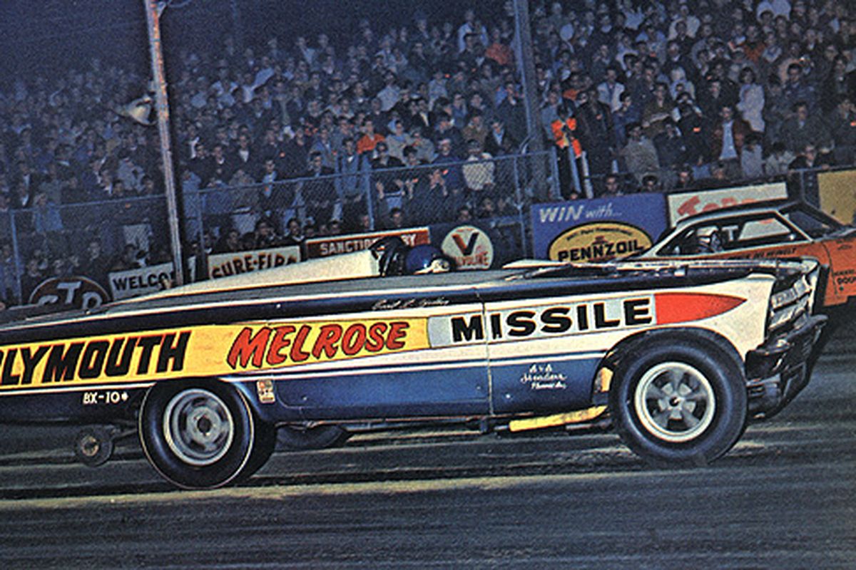 Here’s the winner of the first ever 1966 Atco Dragway funny car event, namely Cecil Yother and his “topless” Melrose Missile 1965 Plymouth Satellite, powered by a fuel-injected nitro fed 426 Hemi. (Photo courtesy of former Lions Drag Strip)