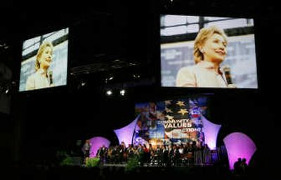 Democratic presidential hopeful, Sen. Hillary Rodham Clinton, D-N.Y., speaks via satellite during the Heartland Presidential Forum earlier this month in Des Moines, Iowa. The prospect of a female president has many pondering the derogatory terms used against politicians.Associated Press
(File Associated Press / The Spokesman-Review)