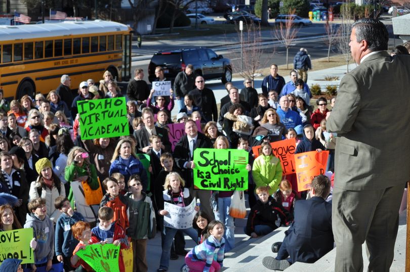 State Superintendent of Schools Tom Luna addresses a charter school rally on the Capitol steps on Monday afternoon. (Courtesy photo / Coalition of Idaho Charter School Families)