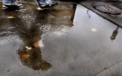 Rain and wind have brought an end to the summer season as puddles cover the fallen leaves in downtown Spokane Friday.  (CHRISTOPHER ANDERSON / The Spokesman-Review)