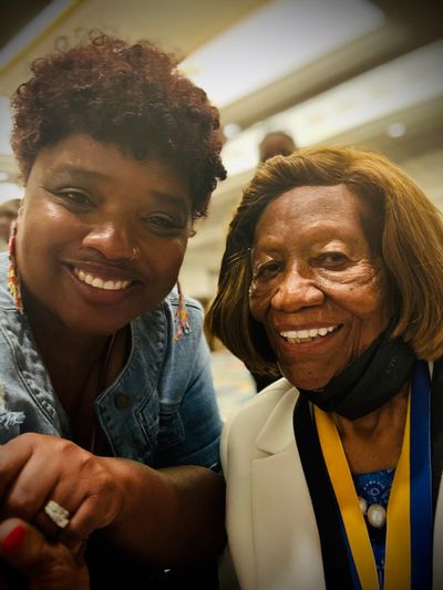Black Lens editor April Eberhardt poses with longtime NAACP leader Dr. Hazel N. Dukes at the 115th NAACP National Convention in Las Vegas, which took place in July 2024. Dukes died on March 1.  (April Eberhardt/The Black Lens)