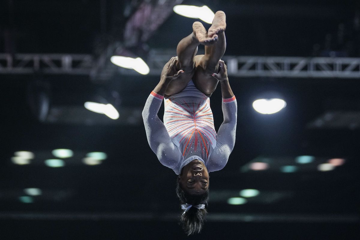 Simone Biles performs during the vault at the U.S. Classic gymnastics meet in Indianapolis, Saturday, May 22, 2021.  (Associated Press)