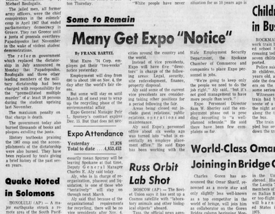 Hundreds of Expo ’74 employees received their “two-weeks notice” as the end of Expo ‘74 approached, the Spokane Daily Chronicle reported on Oct. 23, 1974.  (Spokesman-Review archives)