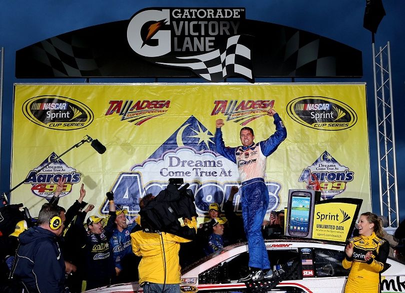 David Ragan, driver of the #34 Farm Rich Ford, celebrates in victory lane after winning the NASCAR Sprint Cup Series Aaron's 499 at Talladega Superspeedway on May 5, 2013 in Talladega, Alabama. (Photo Credit: Jerry Markland/Getty Images) (Jerry Markland / Getty Images North America)