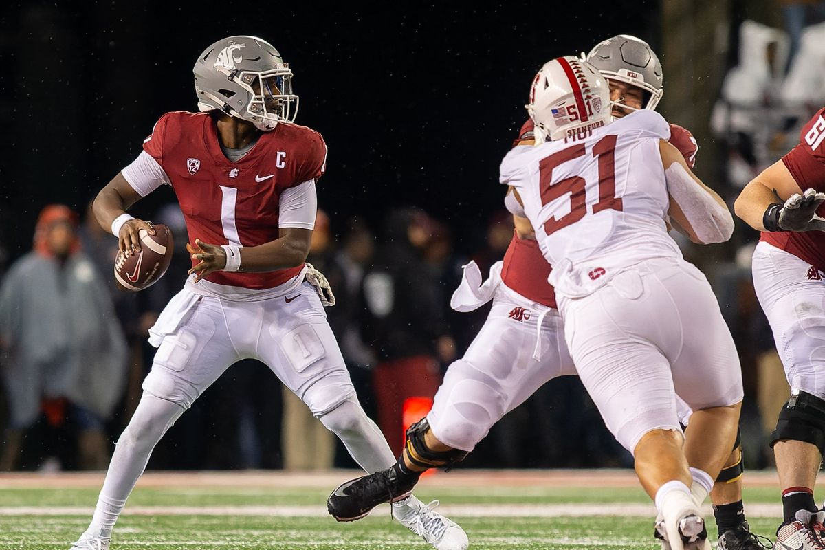 Washington State quarterback Cameron Ward, left, drops back for a pass under pressure from Stanford defensive lineman Jaxson Moi in the first half on Saturday, Nov. 4, 20234, at Gesa Field in Pullman, Wash.  (Geoff Crimmins/For The Spokesman-Review)