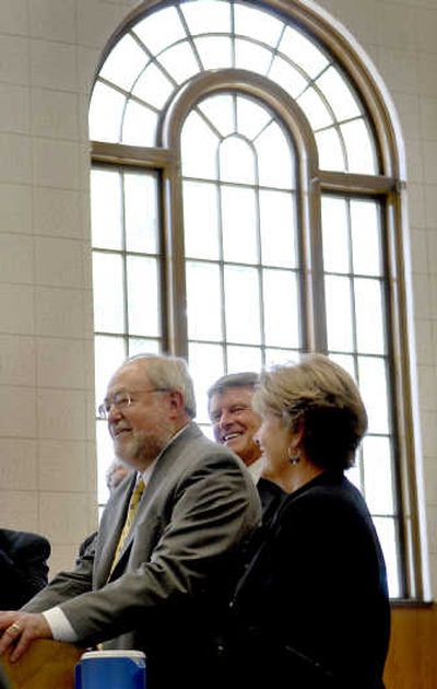 
Warren Jones addresses the crowd at the Kootenai County Courthouse on Tuesday, flanked by his wife, Karen, and Gov. Butch Otter, during the announcement of Jones' replacement of retiring Chief Justice Gerald Schroeder on the Idaho Supreme Court. 
 (Kathy Plonka / The Spokesman-Review)