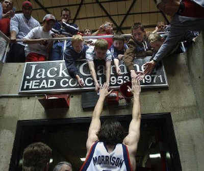 Gonzaga's Adam Morrison leaves the Huntsman Center in triumph after Thursday's first-round NCAA Tournament win over Xavier. 
 (Brian Plonka / The Spokesman-Review)