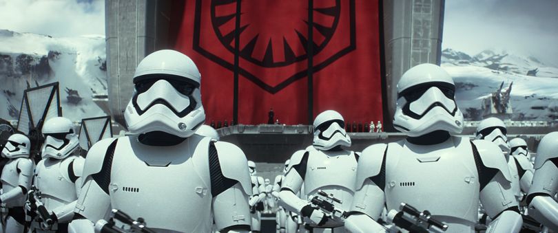 This photo provided by Disney/Lucasfilm shows stormtroopers in a scene from the new film, 